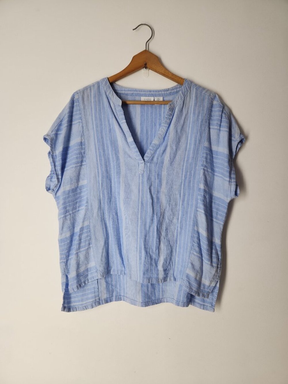 Sigrid Olsen womens soft linen blend relax top blouse blue striped large Sz L